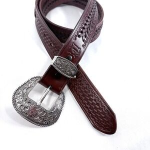 Brown Western Basketweave Leather Laced Belt Ornate Silver Buckle Men 36 Cowboy